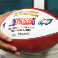 Football: Philadelphia Eagles Jalen Hurts (1) holds a football with the NFL Kickoff 2025 displayed prior to game vs Dallas Cowboys at Lincoln Financial Field.Philadelphia, PA 9/4/2025CREDIT: Erick W. Rasco (Photo by Erick W. Rasco/Sports Illustrated via Getty Images/Getty Images) (Set Number: X164767)