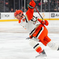 May 4, 2026; Las Vegas, Nevada, USA; Anaheim Ducks right wing Beckett Sennecke (45) shoots against the Vegas Golden Knights during the second period of game one of the second round of the 2026 Stanley Cup Playoffs at T-Mobile Arena. Mandatory Credit: Stephen R. Sylvanie-Imagn Images