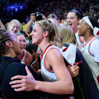 May 12, 2026; Portland, Oregon, USA; Portland Fire guard Sarah Ashlee Barker (3) celebrates with teammates after scoring the game winning basket in a game against New York Liberty at Moda Center. Mandatory Credit: Troy Wayrynen-Imagn Images