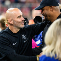 17 September 2025, Bavaria, Munich: Soccer, Champions League, Bayern Munich - Chelsea FC, preliminary round, matchday 1, Allianz Arena. Coach Vincent Kompany (r, Bayern Munich) welcomes coach Enzo Maresca (Chelsea) before the match. Photo: Tom Weller/dpa (Photo by Tom Weller/picture alliance via Getty Images)