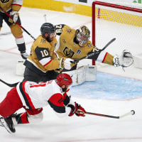 Jordan Staal of the Carolina Hurricanes scores a goal against Colton Sissons of the Vegas Golden Knights in the third period of game four of the Stanley Cup Finals on June 9, 2026.
