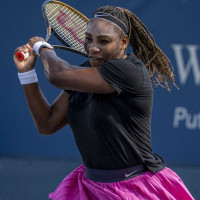Serena Williams practices on Court 16 before her match during the Western & Southern Open at the Lindner Family Tennis Center in Mason Tuesday, August 16, 2022.