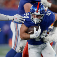 EAST RUTHERFORD, NEW JERSEY - SEPTEMBER 21: (NEW YORK DAILIES OUT) Cam Skattebo #44 of the New York Giants in action against the Kansas City Chiefs at MetLife Stadium on September 21, 2025 in East Rutherford, New Jersey. The Chiefs defeated the Giants 22-9. (Photo by Jim McIsaac/Getty Images)