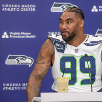 RENTON, WASHINGTON - JUNE 11: Leonard Williams #99 of the Seattle Seahawks talks with the media at Virginia Mason Athletic Center on June 11, 2026 in Renton, Washington. (Photo by Jack Compton/Getty Images)