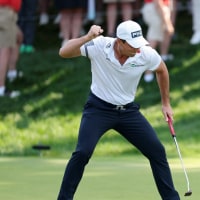 CROMWELL, CONNECTICUT - JUNE 29: Viktor Hovland of Norway reacts after making birdie on the 18th green in a playoff during the continuation of the final round of the Travelers Championship 2026 at TPC River Highlands on June 29, 2026 in Cromwell, Connecticut. (Photo by Jordan Bank/Getty Images)