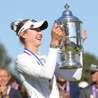 PACIFIC PALISADES, CALIFORNIA - JUNE 07: Nelly Korda of the United States celebrates with The Harton S. Semple Trophy on the 18th green after putting to a victory during the final round of the U.S. Women's Open presented by Ally 2026 at Riviera Country Club on June 07, 2026 in Pacific Palisades, California. (Photo by Ryan Sirius Sun/Getty Images)