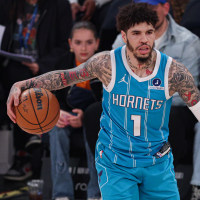 Apr 12, 2026; New York, New York, USA; Charlotte Hornets guard LaMelo Ball (1) dribbles up court against the New York Knicks during the first half at Madison Square Garden. Mandatory Credit: Vincent Carchietta-Imagn Images