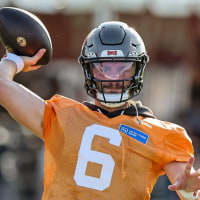 TAMPA, FLORIDA - JULY 29: Baker Mayfield #6 of the Tampa Bay Buccaneers takes part in a drill during training camp at AdventHealth Training Center on July 29, 2026 in Tampa, Florida. (Photo by Mike Carlson/Getty Images)