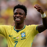 HOUSTON, TEXAS - JUNE 29: Vinicius Junior #7 of Brazil rects during the FIFA World Cup 2026 Round Of 32 match between Brazil and Japan at Houston Stadium on June 29, 2026 in Houston, Texas. (Photo by Lars Baron/Getty Images)