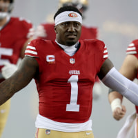 SANTA CLARA, CALIFORNIA - DECEMBER 30: San Francisco 49ers' Deebo Samuel Sr. #1 and teammates run onto the field before their NFL game against the Detroit Lions at Levis Stadium in Santa Clara, Calif., on Monday, Dec. 30, 2024. (Jane Tyska/Digital First Media/East Bay Times via Getty Images)