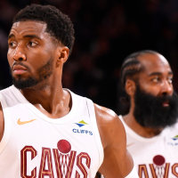 NEW YORK, NY - MAY 21: Donovan Mitchell #45 and James Harden #1 of the Cleveland Cavaliers look on during the game against the New York Knicks during Game Two of the NBA Eastern Conference Finals on May 21, 2026 at Madison Square Garden in New York City, New York. NOTE TO USER: User expressly acknowledges and agrees that, by downloading and or using this photograph, User is consenting to the terms and conditions of the Getty Images License Agreement. Mandatory Copyright Notice: Copyright 2026 NBAE (Photo by Brian Babineau/NBAE via Getty Images)