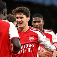 LONDON, ENGLAND - AUGUST 21: Bukayo Saka of Arsenal is congratulated by team mate Christos Tzolis after scoring his team’s second goal during the Premier League 2026/27 match between Arsenal FC and Coventry City at Emirates Stadium on August 21, 2026 in London, England. (Photo by Stuart MacFarlane/Arsenal FC via Getty Images)