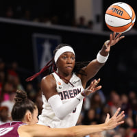 Aug 10, 2026; College Park, Georgia, USA; Atlanta Dream guard Rhyne Howard (10) passes against Toronto Tempo forward Maria Conde (10) in the first quarter at Gateway Center Arena at College Park. Mandatory Credit: Colin Hubbard-Imagn Images