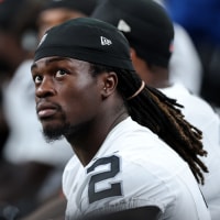 HOUSTON, TEXAS - AUGUST 20: Ashton Jeanty #2 of the Las Vegas Raiders watches from the bench in the first half against the Houston Texans during a preseason game at Reliant Stadium on August 20, 2026 in Houston, Texas. (Photo by Tim Warner/Getty Images)
