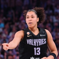Aug 2, 2026; San Francisco, California, USA; Golden State Valkyries forward Janelle Salaun (13) gestures after a play against the Toronto Tempo during the third quarter at Chase Center. Mandatory Credit: Kelley L Cox-Imagn Images