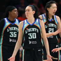 Aug 1, 2026; Phoenix, Arizona, USA; New York Liberty guard Pauline Astier (18), center Jonquel Jones (35), forward Breanna Stewart (30), center Han Xu (21) and guard Sabrina Ionescu (20) against the Phoenix Mercury at Mortgage Matchup Center. Mandatory Credit: Mark J. Rebilas-Imagn Images