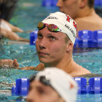 AUSTIN, TX - DECEMBER 05: Luka Mijatovic looks to the. timing board from the pool after a men's 400 meter individual medley preliminary heat during day three of the Toyota US Open Championships at Lee & Joe Jamail Texas Swimming Center on December 5, 2025 in Austin, TX. (Photo by David Buono/Icon Sportswire via Getty Images)