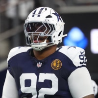 Nov 27, 2025; Arlington, Texas, USA; Dallas Cowboys defensive tackle Quinnen Williams (92) warms up prior to the game against the Kansas City Chiefs at AT&amp;T Stadium. Mandatory Credit: Kevin Jairaj-Imagn Images