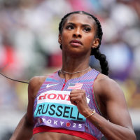 Sep 14, 2025; Tokyo, Japan; Masai Russell (USA) wins women's 100m hurdles heat in 12.53 during the World Athletics Championships at National Stadium. Mandatory Credit: Kirby Lee-Imagn Images