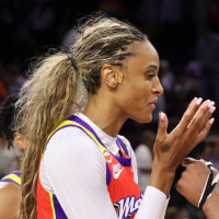 LOS ANGELES, CALIFORNIA - AUGUST 11: DeWanna Bonner #24 of the Phoenix Mercury and Nneka Ogwumike #30 of the Los Angeles Sparks talk after their game at Galen Center on August 11, 2026 in Los Angeles, California. NOTE TO USER: User expressly acknowledges and agrees that, by downloading and or using this photograph, User is consenting to the terms and conditions of the Getty Images License Agreement. (Photo by Melina Pizano/Getty Images)