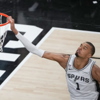 SAN ANTONIO, TX - JUNE 5: Victor Wembanyama #1 of the San Antonio Spurs dunks the basketball during game against the New York Knicks during Game Two of the 2026 NBA Finals on June 5, 2026 at Frost Bank Center in San Antonio, Texas. NOTE TO USER: User expressly acknowledges and agrees that, by downloading and or using this photograph, User is consenting to the terms and conditions of the Getty Images License Agreement. Mandatory Copyright Notice: Copyright 2026 NBAE(Photo by Jacob Gonzalez/NBAE via Getty Images)