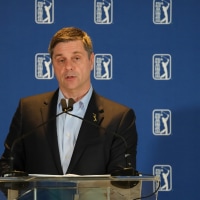 CROMWELL, CONNECTICUT - JUNE 23: Brian Rolapp, CEO of the PGA TOUR, speaks, during an announcement of a new competitive model to the PGA TOUR, prior to Travelers Championship at TPC River Highlands on June 23, 2026 in Cromwell, Connecticut. (Photo by Ben Jared/PGA TOUR via Getty Images)