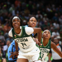SEATTLE, WA - AUGUST 10: Dominique Malonga #14 of the Seattle Storm boxes out during the game against the Chicago Sky on August 10, 2026 at Climate Pledge Arena in Seattle, Washington. NOTE TO USER: User expressly acknowledges and agrees that, by downloading and or using this photograph, User is consenting to the terms and conditions of the Getty Images License Agreement. Mandatory Copyright Notice: Copyright 2026 NBAE (Photo by Scott Eklund/NBAE via Getty Images)