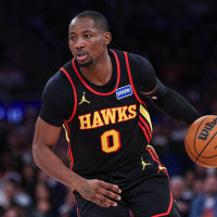 Apr 18, 2026; New York, New York, USA; Atlanta Hawks forward Jonathan Kuminga (0) dribbles during the second half of the 2026 NBA Playoffs against the New York Knicks at Madison Square Garden. Mandatory Credit: Vincent Carchietta-Imagn Images