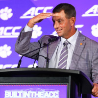CHARLOTTE, NORTH CAROLINA - JULY 16: Head coach Dabo Swinney of the Clemson Tigers fields questions during the ACC Kickoff media days at Hilton Charlotte Uptown on July 16, 2026 in Charlotte, North Carolina. (Photo by Matt Kelley/Getty Images)