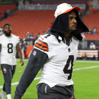 CLEVELAND, OH - AUGUST 27: Cleveland Browns quarterback Deshaun Watson (4) leaves the field following the National Football League preseason game between the New England Patriots and Cleveland Browns on August 27, 2026, at Huntington Bank Field in Cleveland, OH. (Photo by Frank Jansky/Icon Sportswire via Getty Images)