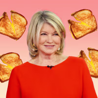 Illustration of Martha Stewart with grilled cheese sandwiches floating around her.