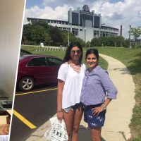 Image of Kavita's daughter in her dorm next to an image of Kavita and her daughter in front of Ohio Stadium