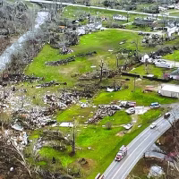 A drone photo surveying the damage from a tornado that hit southeast Missouri