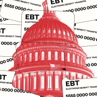 Photo Illustration: The US capitol overlaid on illustrations of EBT cards