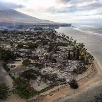 Image: Destroyed homes and buildings on the waterfront burned to the ground in Lahaina in the aftermath of wildfires in western Maui, Hawaii on Aug. 10, 2023.
