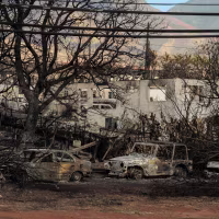 Burnt cars and buildings in Lahaina town Maui, Hawaii on Aug. 16, 2023.