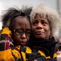 Side by side of the scene in Jacksonville and two women at a memorial for the victims on the Buffalos shooting.