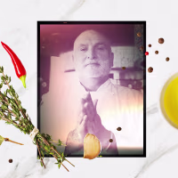 Collage of José Andrés with spices and oil on white counter top