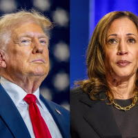 A split composite of Donald Trump and Kamala Harris.
