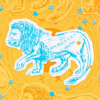 Paper cutouts of the Leo zodiac on a yellow background