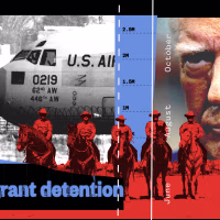 Photo collage depicting border officers on horseback in a black-and-white image with a red overlay; a close-up image of Donald Trump's face, a black-and white image of a U.S. Air Force craft; overlaid with purple text that reads "Migrant Detention" and small white text that reads: February, April, June