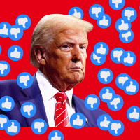 Photo illustration of Donald Trump surrounded by a number of thumbs down and thumbs up stickers 