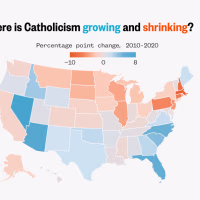 This U.S. state map shows the percentage point change in the share of Catholic population from 2010 to 2020. Overall, Catholics declined the most in the Midwest and Northeast, and increased the most in the South and Southwest.