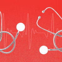 Several stethoscopes against an EKG line, on a red background.
