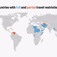 A world map showing countries with travel restrictions. Countries with full travel restrictions are shaded in blue, while those with partial restrictions are in orange. Blue-shaded countries include Afghanistan, Myanmar, Chad, Republic of Congo, Equatorial Guinea, Eritrea, Haiti, Iran, Libya, Somalia, Sudan and Yemen. Orange-shaded countries include Burundi, Cuba, Laos, Sierra Leone, Togo, Turkmenistan and Venezuela. The rest of the world is shaded in gray, indicating no significant travel restrictions.