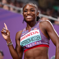TOKYO, JAPAN - SEPTEMBER 13: Melissa Jefferson-Wooden of Team United States poses for a photo following the Women's 100 Metres Heats on day one of the World Athletics Championships Tokyo 2025 at National Stadium on September 13, 2025 in Tokyo, Japan. (Photo by Hannah Peters/Getty Images)