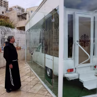 Vehicle of Hope, the former popemobile used by Pope Francis which has been transformed into a fully equipped mobile clinic, in Bethlehem