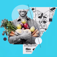 collage of man holding fruit and veggies next to a meat diagram of a cow on a blue background