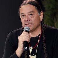 Sean Sherman speaks onstage during the Indigenous House Programming hosted by Acura at Acura House of Energy on January 24, 2026 in Park City, Utah.