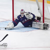 U.S. goalkeeper Jen Lee makes a save during gold medal game against Canada at the Beijing 2022 Paralympic Winter Games.